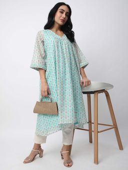 R&B - Teal Women Viscose Relaxed Fit V Neck Embroidered Kurta