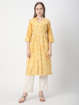 R&B - Yellow Women Poly Blend Regular Fit Mandarin Collar Printed Kurta