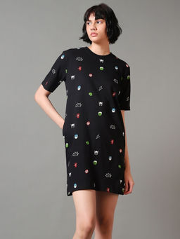 Bewakoof - Official Marvel Women's Black All Over Printed Oversized Dress