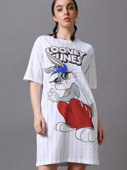 Bewakoof - Heavy Duty 1.0 Looney Tunes Women's White Graphic Printed Oversized T-shirt Dress