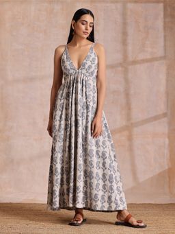 trueBrowns - Grey Dabu Buta Print Cotton Sleeveless Dress