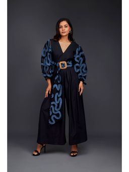 Deepika Arora - Black Embroidered Jumpsuit with Belt (Set of 2)