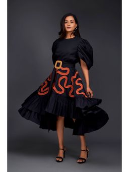 Deepika Arora - Black Embroidered Top with Skirt and Belt (Set of 3)