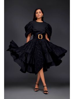 Deepika Arora - Black Embroidered Top with Skirt and Belt (Set of 3)