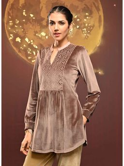 Lakshita - Beige Embroidered Velvet Tunic
