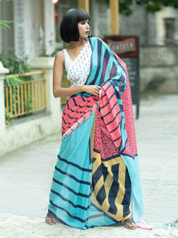 Boveee - Feint Digital Printed Satin Georgette Saree with Unstitched Blouse