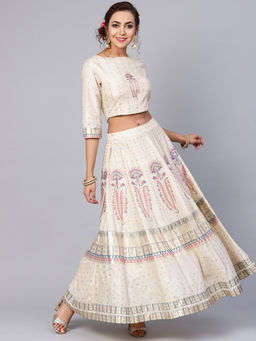 Juniper - Off White Shantoon Printed Stitched Blouse With Lehenga (Set of 2)