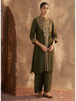 Lakshita - Olive Kurta with Intricate Embroidery & Front Slit (Set of 2)