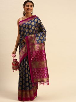 Sangam Prints - Navy Blue Art Silk Printed Traditional Tassle Saree with Unstitched Blouse