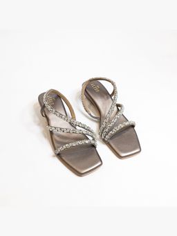 THE ALTER - Kiara Grey T shaped Embellished Block Heels