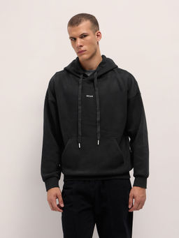 The Bear House - Men Relaxed Fit Black Solid Casual Hoodie