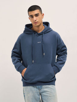 The Bear House - Men Relaxed Fit Blue Solid Casual Hoodie