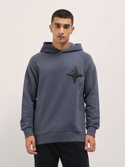 The Bear House - Men Regular Fit Grey Patch Work Design Casual Hoodie