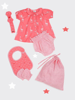 Fabindia - Red Cotton Printed Newborn Baby Gift (Set of 6)