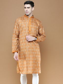 Sanwara - Mens Printed Silk Orange Color Stylish Ethnic Wear Kurta