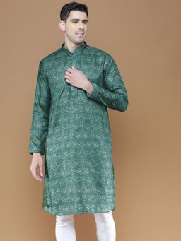 Sanwara - Mens Printed Silk Green Color Stylish Ethnic Wear Kurta