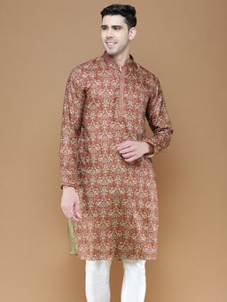 Sanwara - Mens Printed Silk Red Color Stylish Ethnic Wear Kurta