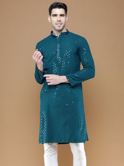 Sanwara - Mens Sequins Firozi Chikankari Party Wear Cotton Kurta