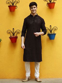 Sanwara - Mens Black Coloured Sequins with Embroidered Work Wedding Collection Kurta