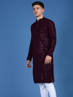 Sanwara - Mens Sequins Work Chikankari Style Purple Coloured Cotton Kurta