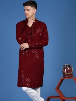 Sanwara - Mens Sequins Work Chikankari Style Maroon Coloured Cotton Kurta