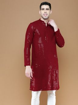 Sanwara - Mens Sequins Maroon Chikankari Party Wear Cotton Kurta