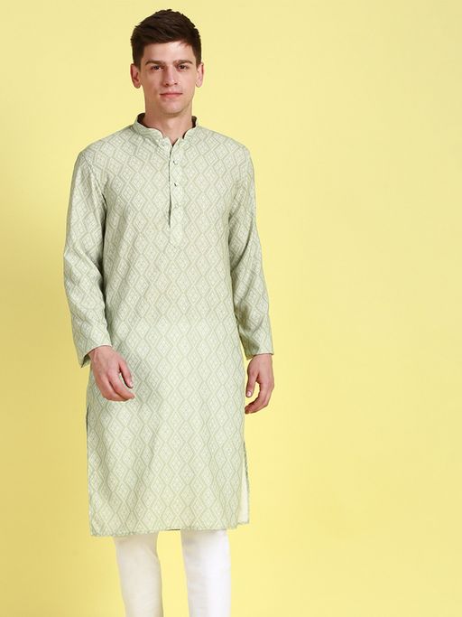 Sanwara Mens Printed Floral Light Green Straight Cut Kurta