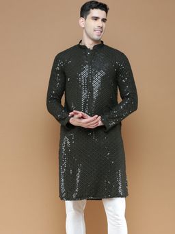 Sanwara - Mens Sequins Olive Chikankari Party Wear Cotton Kurta