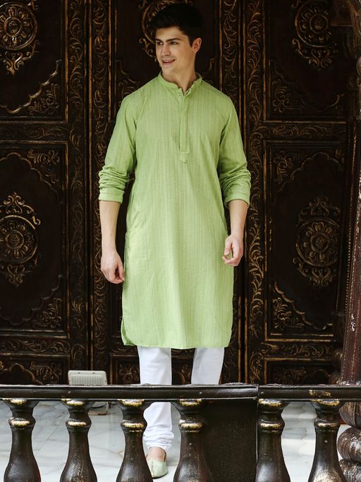 Sanwara Mens Light Green Chikankari Designer Cotton Kurta