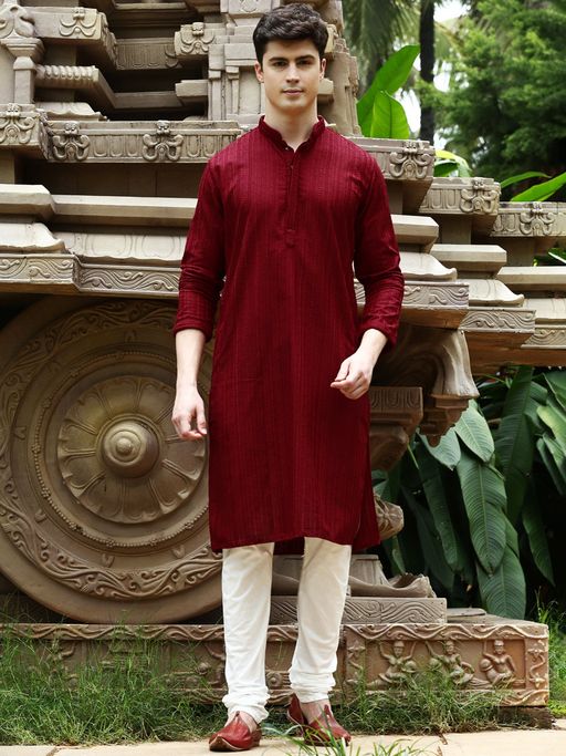 Sanwara Mens Maroon Chikankari Designer Cotton Kurta