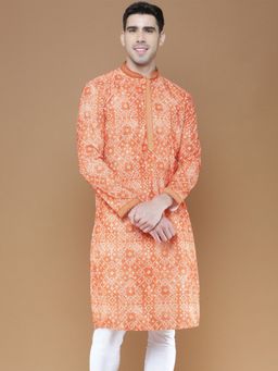 Sanwara - Stylish Traditional Orange Bandhej Print Chikankari Cotton Kurta for Men