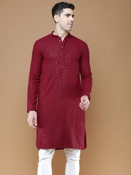 Sanwara - Mens Sequins Maroon Chikankari Party Wear Cotton Kurta