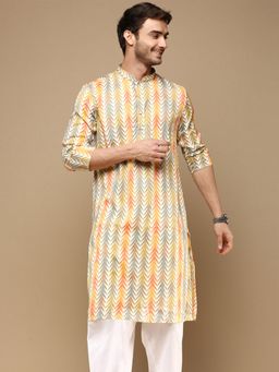 Sanwara - Mens Trendy Zigzag Yellow Printed Cotton Stylish Kurta