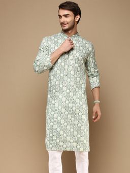 Sanwara - Mens Trendy Motifs Green Printed Cotton Stylish Kurta