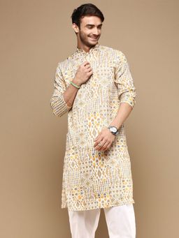 Sanwara - Mens Trendy Motifs Yellow Printed Cotton Stylish Kurta