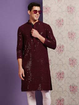 Sanwara - Mens Maroon Coloured Sequins Work Wedding Collection Kurta