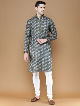 Sanwara - Mens Printed Silk Grey Color Stylish Ethnic Wear Kurta with Churidar Pyjama (Set of 2)