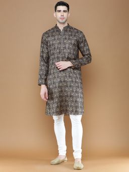 Sanwara - Mens Printed Silk Charcoal Color Ethnic Wear Kurta with Churidar Pyjama (Set of 2)
