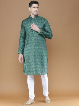 Sanwara - Mens Printed Silk Green Color Ethnic Wear Kurta with Churidar Pyjama (Set of 2)