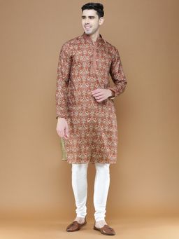 Sanwara - Mens Printed Silk Rust Color Stylish Ethnic Wear Kurta with Churidar Pyjama (Set of 2)