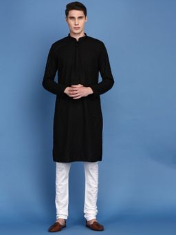 Sanwara - Mens Black Chikankari Cotton Designer Kurta with Churidar Pyjama (Set of 2)