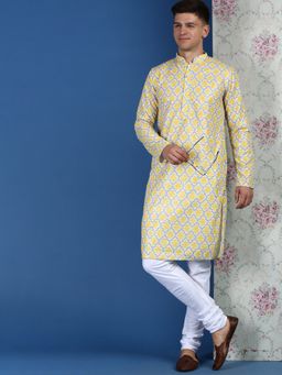 Sanwara - Mens Sequins Chikankari Light Yellow Cotton Kurta with Churidar Pyjama (Set of 2)