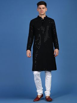 Sanwara - Mens Sequins Work Chikankari Style Black Cotton Kurta with Churidar Pyjama (Set of 2)