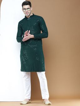 Sanwara - Mens Sequins Deep Green Chikankari Party Cotton Kurta with Churidar Pyjama (Set of 2)