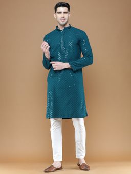 Sanwara - Mens Sequins Teal Chikankari Party Wear Cotton Kurta with Churidar Pyjama (Set of 2)