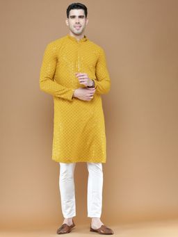 Sanwara - Mens Sequins Mustard Chikankari Party Wear Cotton Kurta with Pyjama (Set of 2)