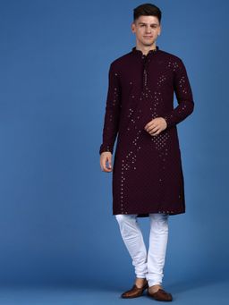 Sanwara - Mens Sequins Work Chikankari Style Purple Cotton Kurta with Churidar Pyjama (Set of 2)