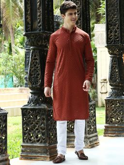 Sanwara - Mens Sequins Work Chikankari Style Rust Cotton Kurta with Churidar Pyjama (Set of 2)