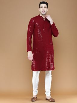 Sanwara - Mens Sequins Maroon Chikankari Party Wear Cotton Kurta with Churidar Pyjama (Set of 2)