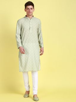 Sanwara - Mens Printed Floral Light Green Straight Cut Kurta with Churidar Pyjama (Set of 2)